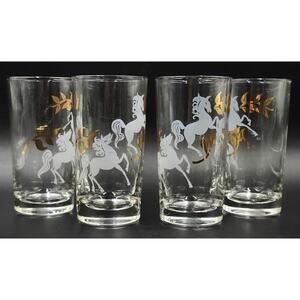 Libbey Prancing Colts Tumblers Set of 4 22K Gold Frosted Horses 1960s Vintage